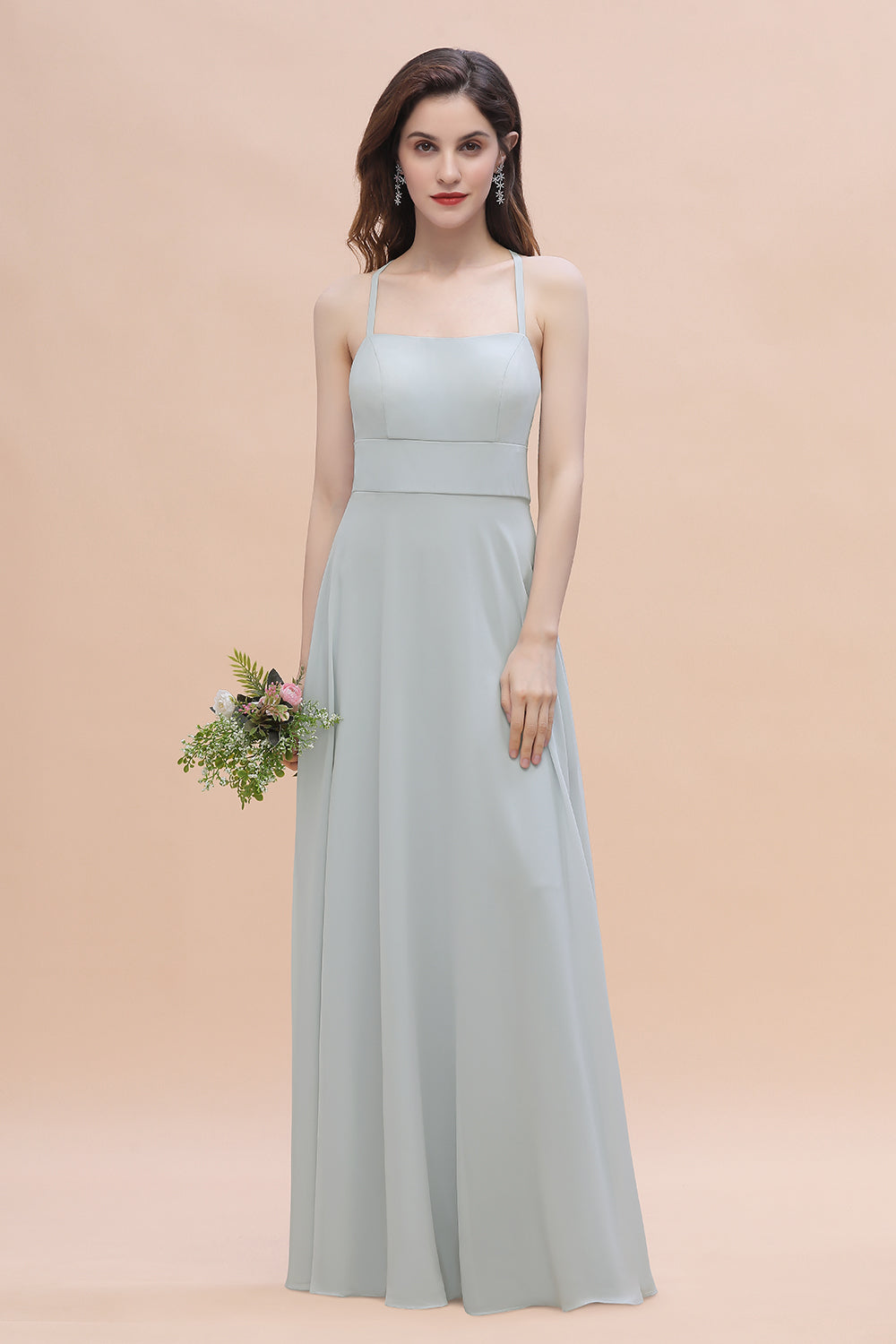 Simple Halter Spaghetti Straps A-Line Chiffon Bridesmaid Dress With Pockets