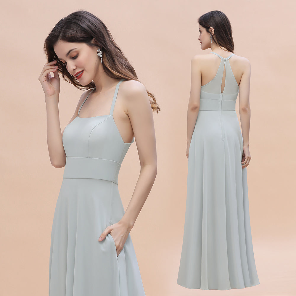 Simple Halter Spaghetti Straps A-Line Chiffon Bridesmaid Dress With Pockets
