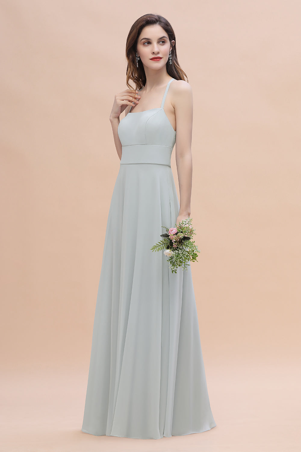 Simple Halter Spaghetti Straps A-Line Chiffon Bridesmaid Dress With Pockets
