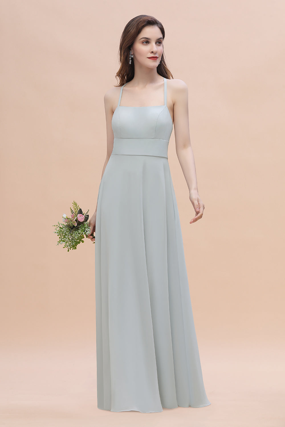 Simple Halter Spaghetti Straps A-Line Chiffon Bridesmaid Dress With Pockets