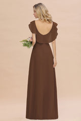 Simple High Low A-line V-Neck Ruffles Chiffon Brown Bridesmaid Dress