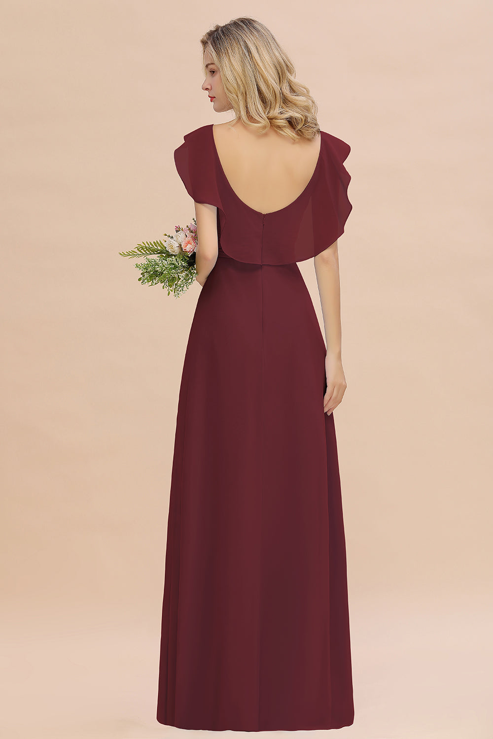 Simple High Low A-line V-Neck Ruffles Chiffon Burgundy Bridesmaid Dress