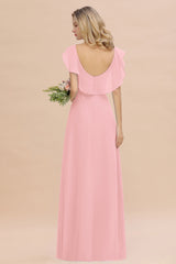 Simple High Low A-line V-Neck Ruffles Chiffon Candy Pink Bridesmaid Dress