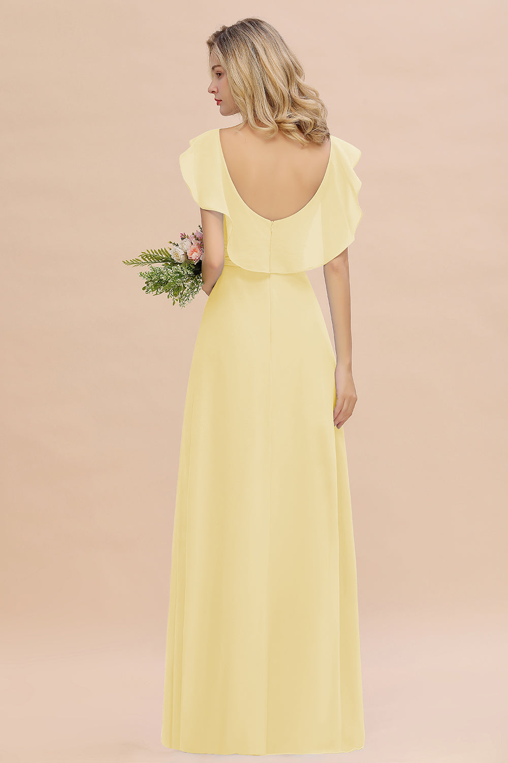 Simple High Low A-line V-Neck Ruffles Chiffon Daffodil Bridesmaid Dress