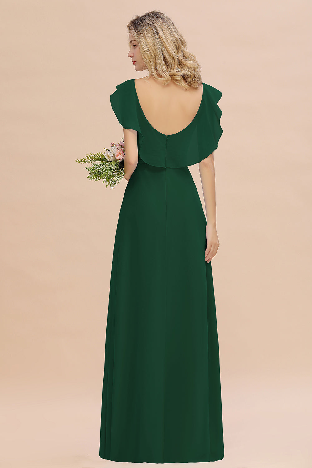Simple High Low A-line V-Neck Ruffles Chiffon Dark Green Bridesmaid Dress