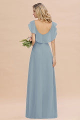 Simple High Low A-line V-Neck Ruffles Chiffon Dusty Blue Bridesmaid Dress
