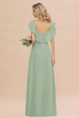Simple High Low A-line V-Neck Ruffles Chiffon Dusty Sage Bridesmaid Dress