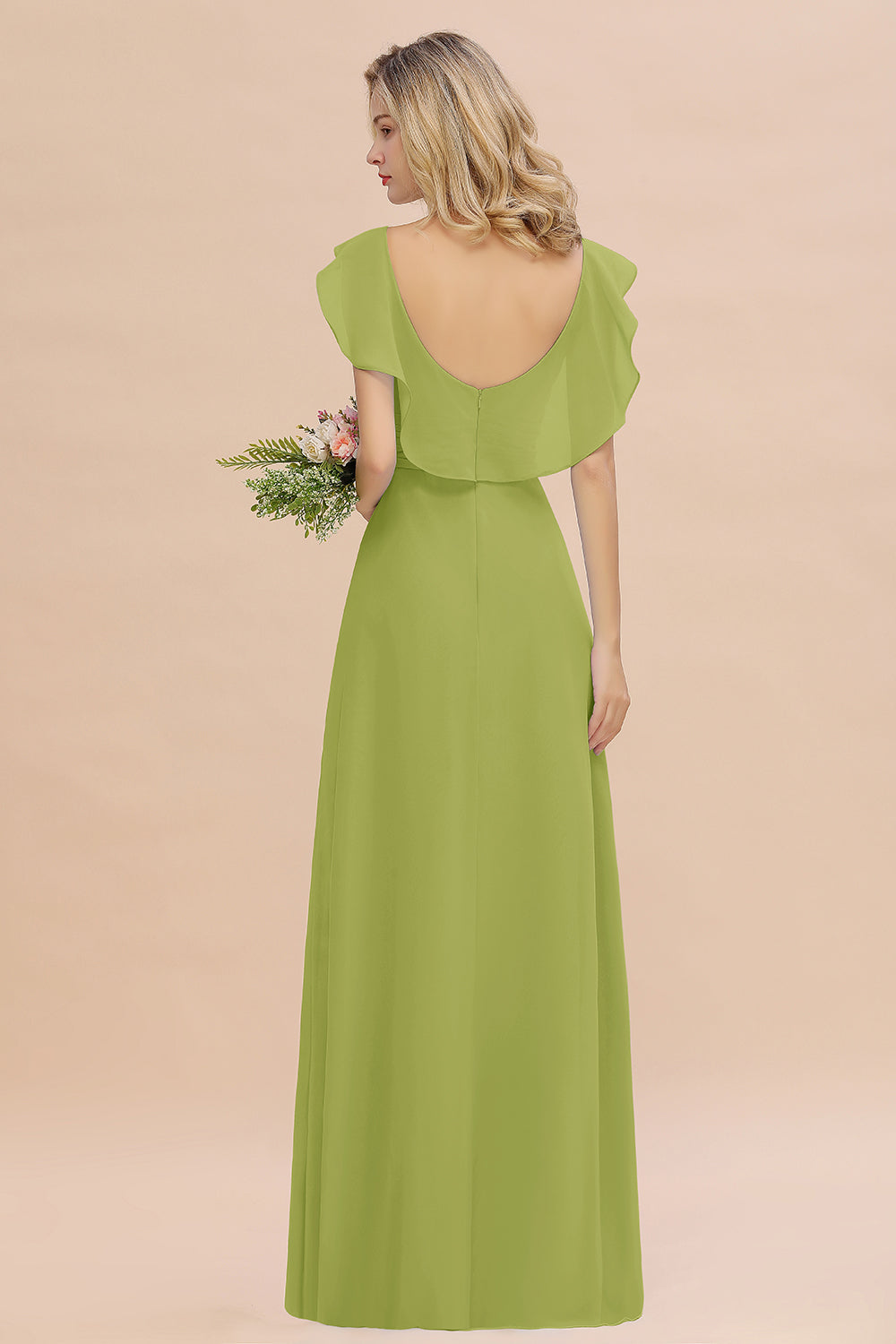 Simple High Low A-line V-Neck Ruffles Chiffon Green Bridesmaid Dress