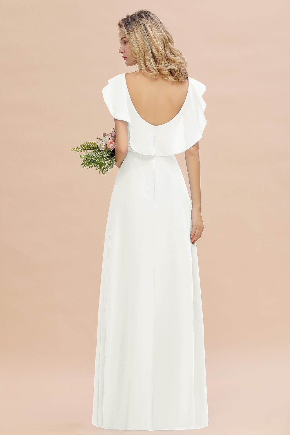 Simple High Low A-line V-Neck Ruffles Chiffon Ivory Bridesmaid Dress