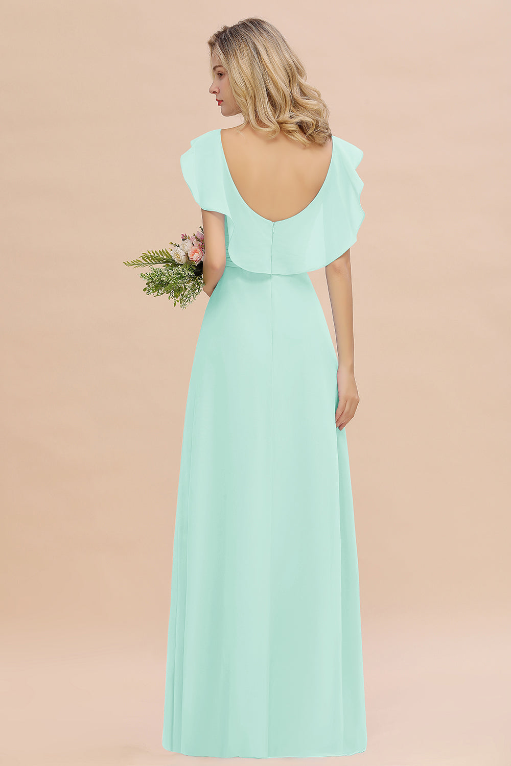 Simple High Low A-line V-Neck Ruffles Chiffon Mint Green Bridesmaid Dress