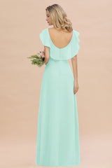 Simple High Low A-line V-Neck Ruffles Chiffon Mint Green Bridesmaid Dress
