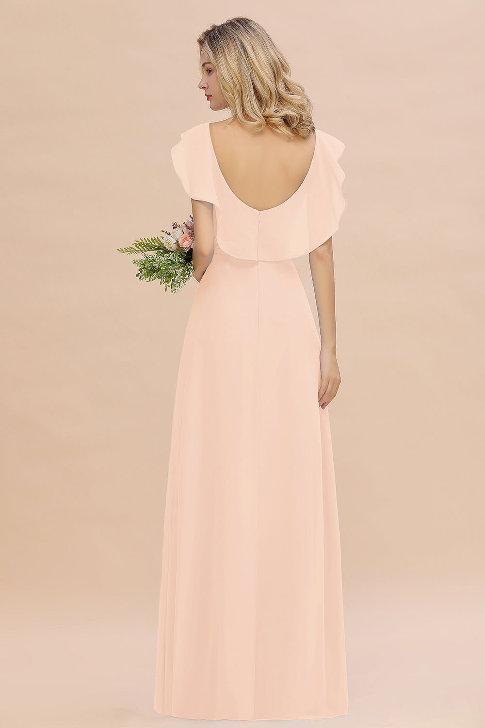 Simple High Low A-line V-Neck Ruffles Chiffon Pearl Pink Bridesmaid Dress