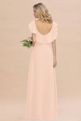 Simple High Low A-line V-Neck Ruffles Chiffon Pearl Pink Bridesmaid Dress