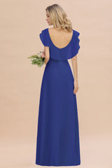 Simple High Low A-line V-Neck Ruffles Chiffon Royal Blue Bridesmaid Dress