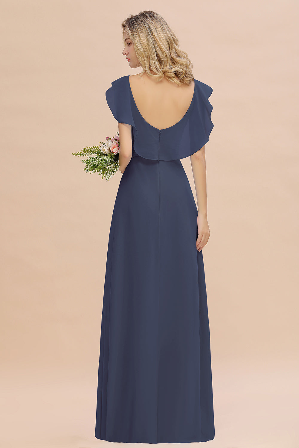 Simple High Low A-line V-Neck Ruffles Chiffon Stormy Bridesmaid Dress