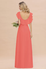Simple High Low A-line V-Neck Ruffles Chiffon Watermelon Bridesmaid Dress