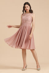 Simple Lace Straps Knee Length Short Bridesmaid Dress