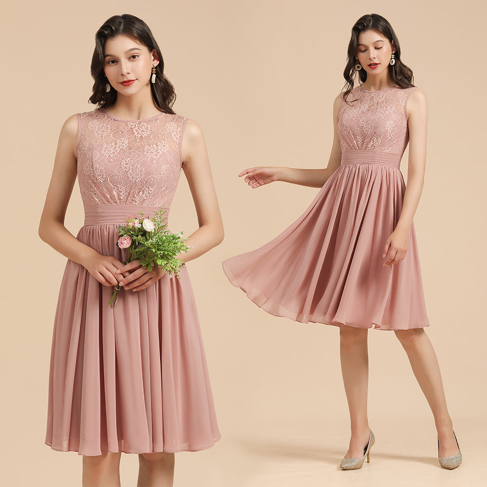 Simple Lace Straps Knee Length Short Bridesmaid Dress