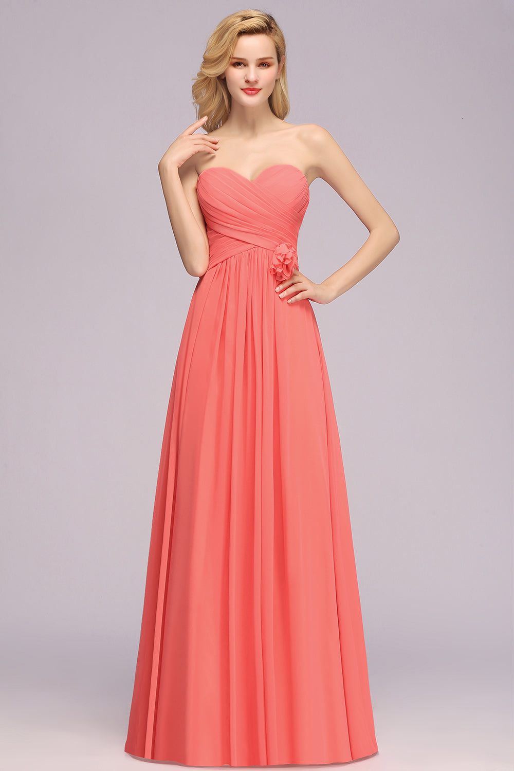 Simple Long Sweetheart Strapless Flower A-line Bridesmaid Dress