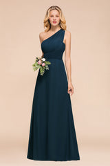 Simple One Shoulder A-line Floor Length Chiffon Bridesmaid Dress With Ruched