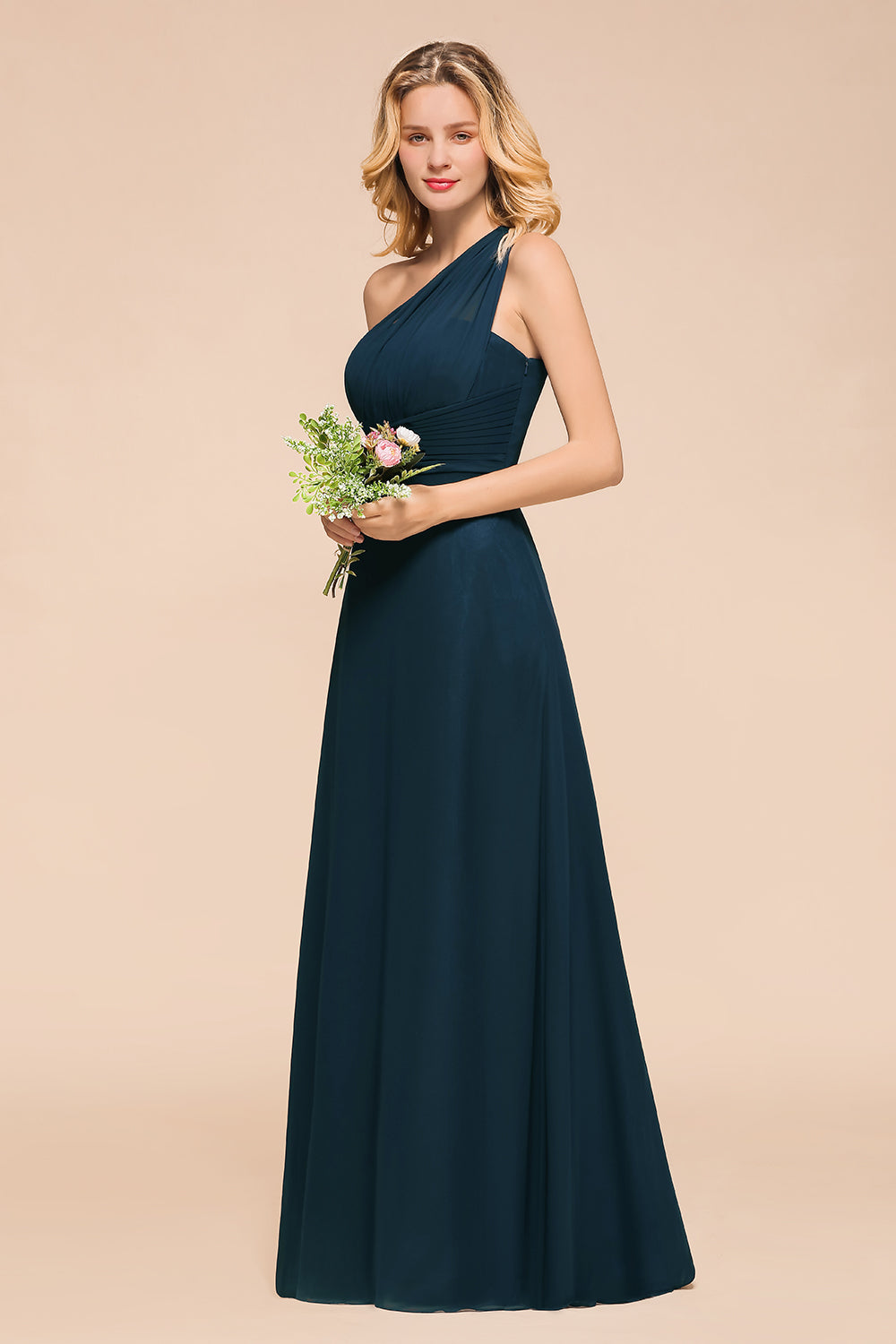 Simple One Shoulder A-line Floor Length Chiffon Bridesmaid Dress With Ruched