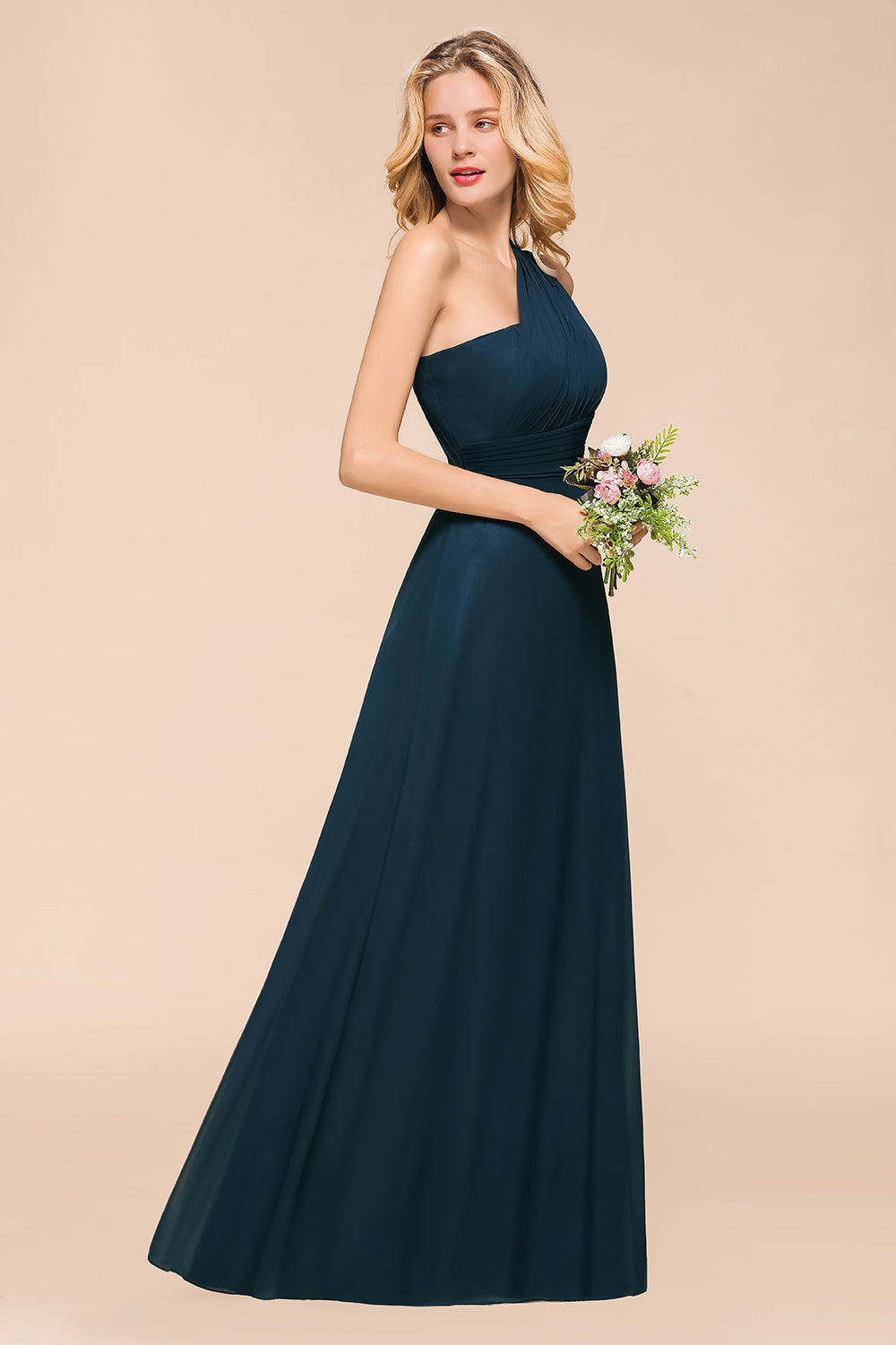 Simple One Shoulder A-line Floor Length Chiffon Bridesmaid Dress With Ruched