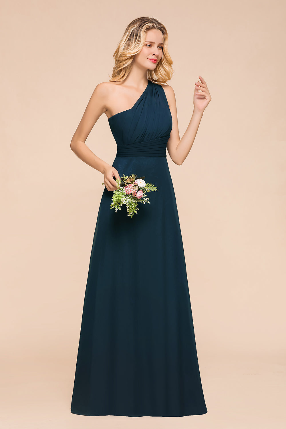 Simple One Shoulder A-line Floor Length Chiffon Bridesmaid Dress With Ruched
