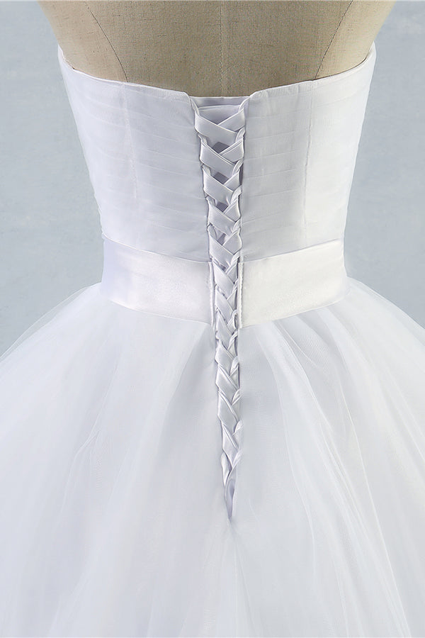 Simple Long Ruffle Strapless Tulle A-line Wedding Dress