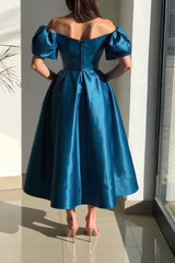 Simple Short A-line Off the Shoulder Satin Party Dress with Sleeves