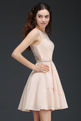 Simple Short Pink Lace Beads Open Back Bridesmaid Dresses