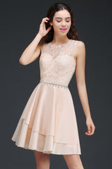 Simple Short Pink Lace Beads Open Back Bridesmaid Dresses