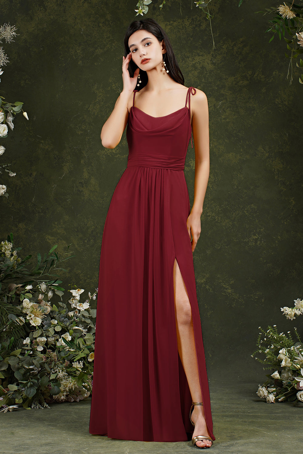 Simple Spaghetti Straps Backless A-Line Floor Length Chiffon Bridesmaid Dress With Pockets Split