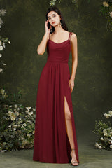 Simple Spaghetti Straps Backless A-Line Floor Length Chiffon Bridesmaid Dress With Pockets Split