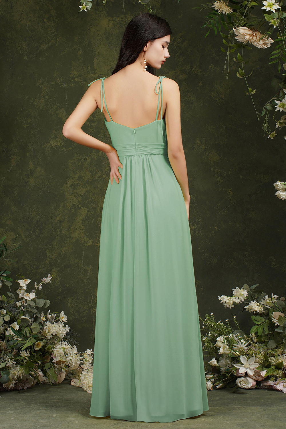 Simple Spaghetti Straps Backless A-Line Floor Length Chiffon Bridesmaid Dress With Pockets Split
