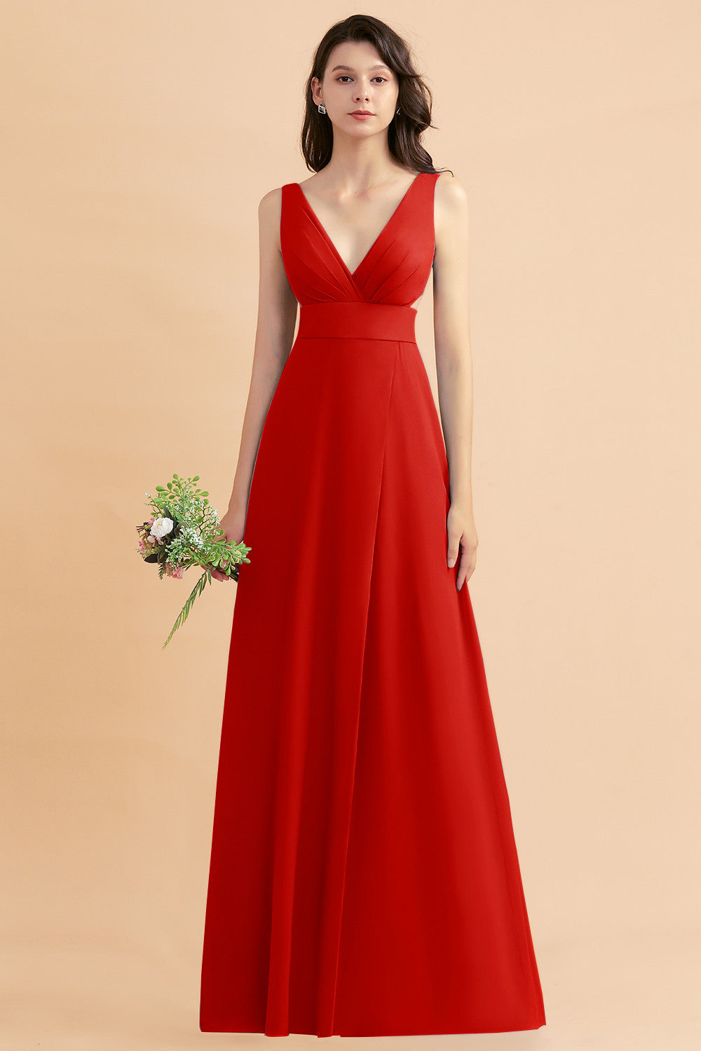 Simple V-neck A-Line Wide Straps Floor Length Chiffon Bridesmaid Dress With Side Slit