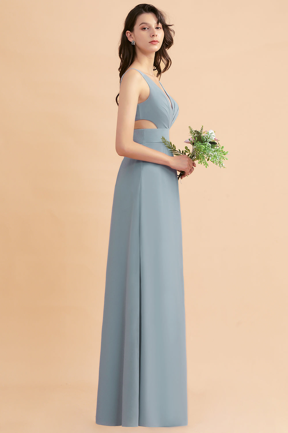 Simple V-neck A-Line Wide Straps Floor Length Chiffon Bridesmaid Dress With Side Slit