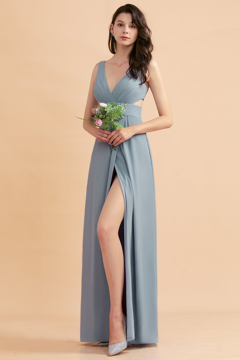 Simple V-neck A-Line Wide Straps Floor Length Chiffon Bridesmaid Dress With Side Slit