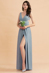 Simple V-neck A-Line Wide Straps Floor Length Chiffon Bridesmaid Dress With Side Slit