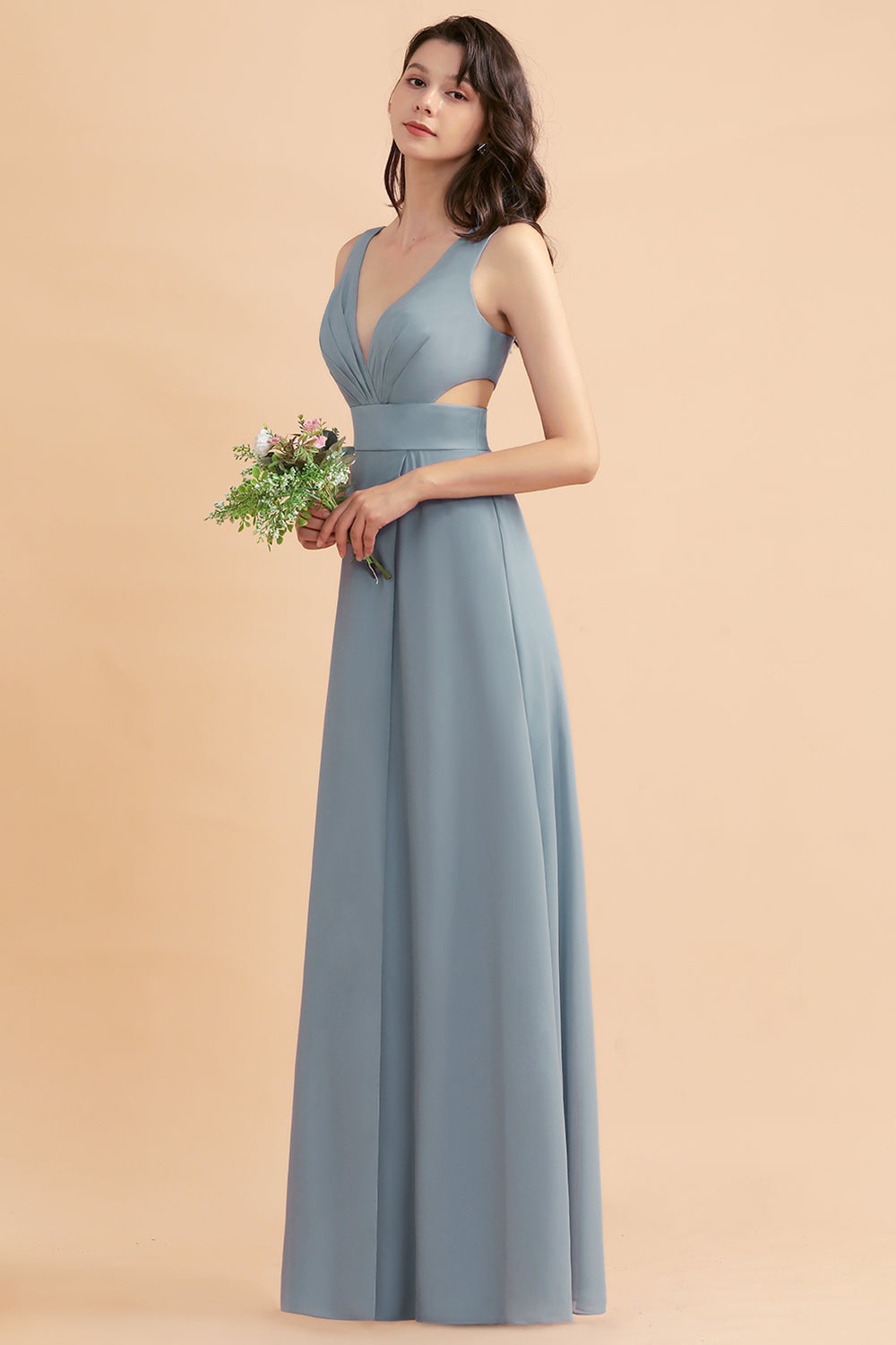Simple V-neck A-Line Wide Straps Floor Length Chiffon Bridesmaid Dress With Side Slit