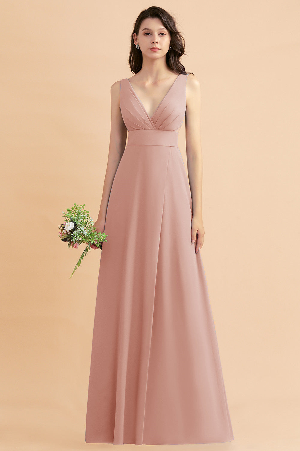 Simple V-neck A-Line Wide Straps Floor Length Chiffon Bridesmaid Dress With Side Slit
