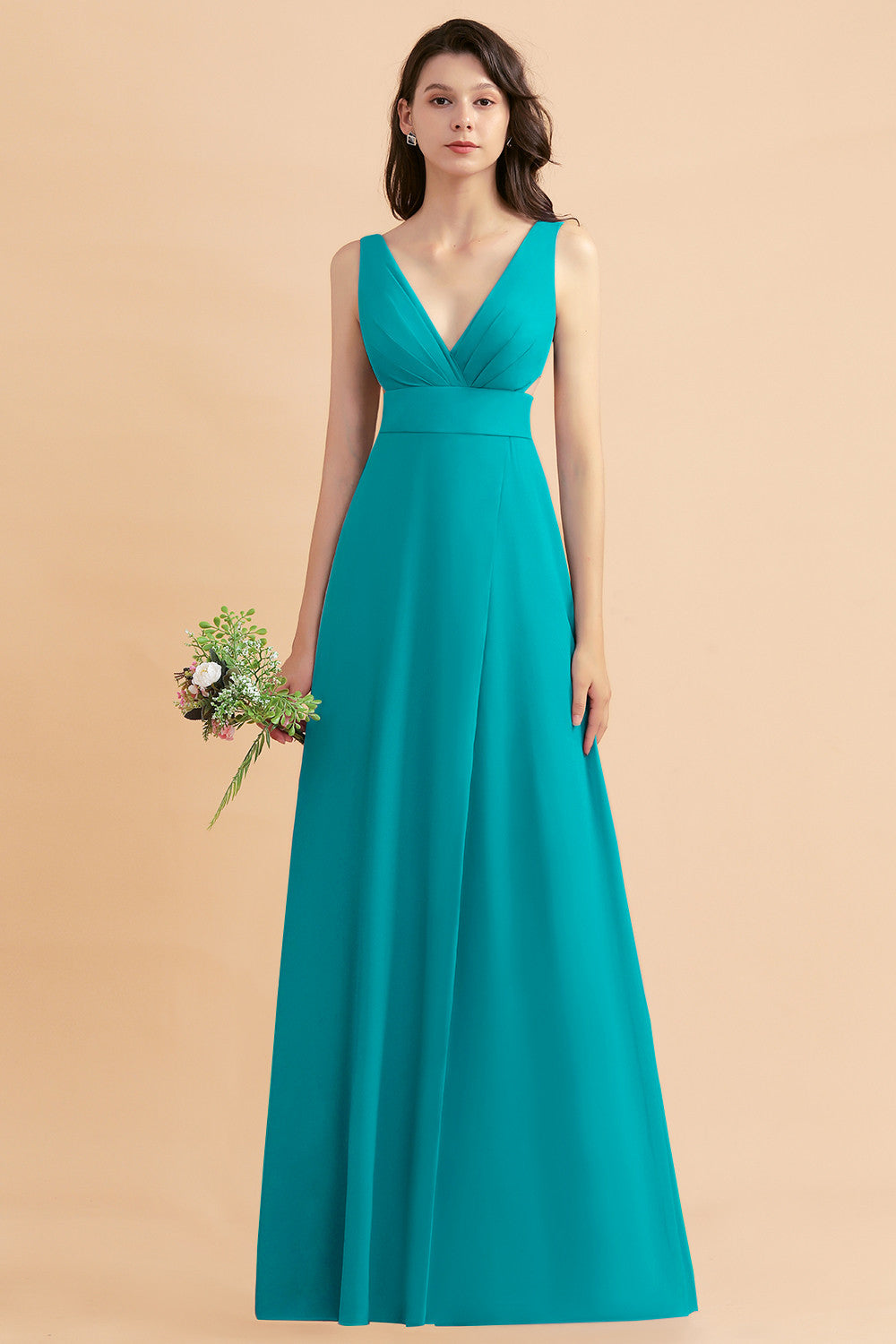 Simple V-neck A-Line Wide Straps Floor Length Chiffon Bridesmaid Dress With Side Slit