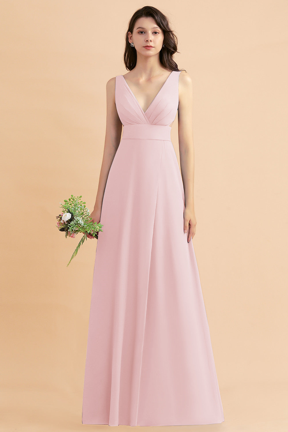 Simple V-neck A-Line Wide Straps Floor Length Chiffon Bridesmaid Dress With Side Slit