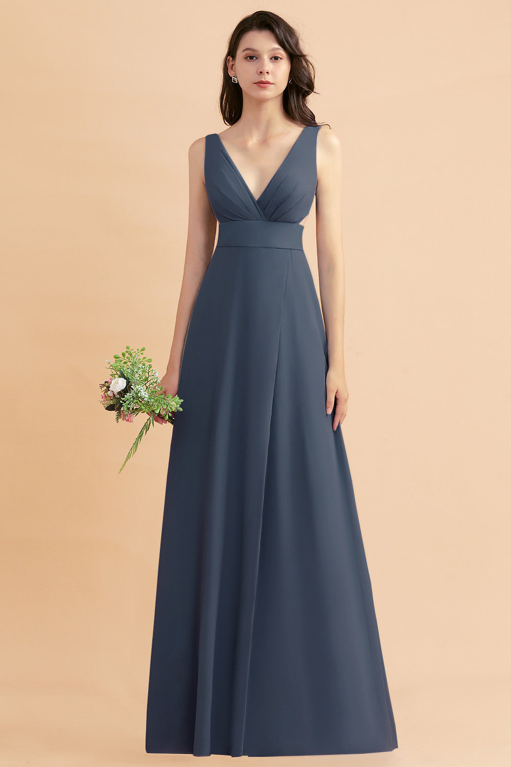 Simple V-neck A-Line Wide Straps Floor Length Chiffon Bridesmaid Dress With Side Slit
