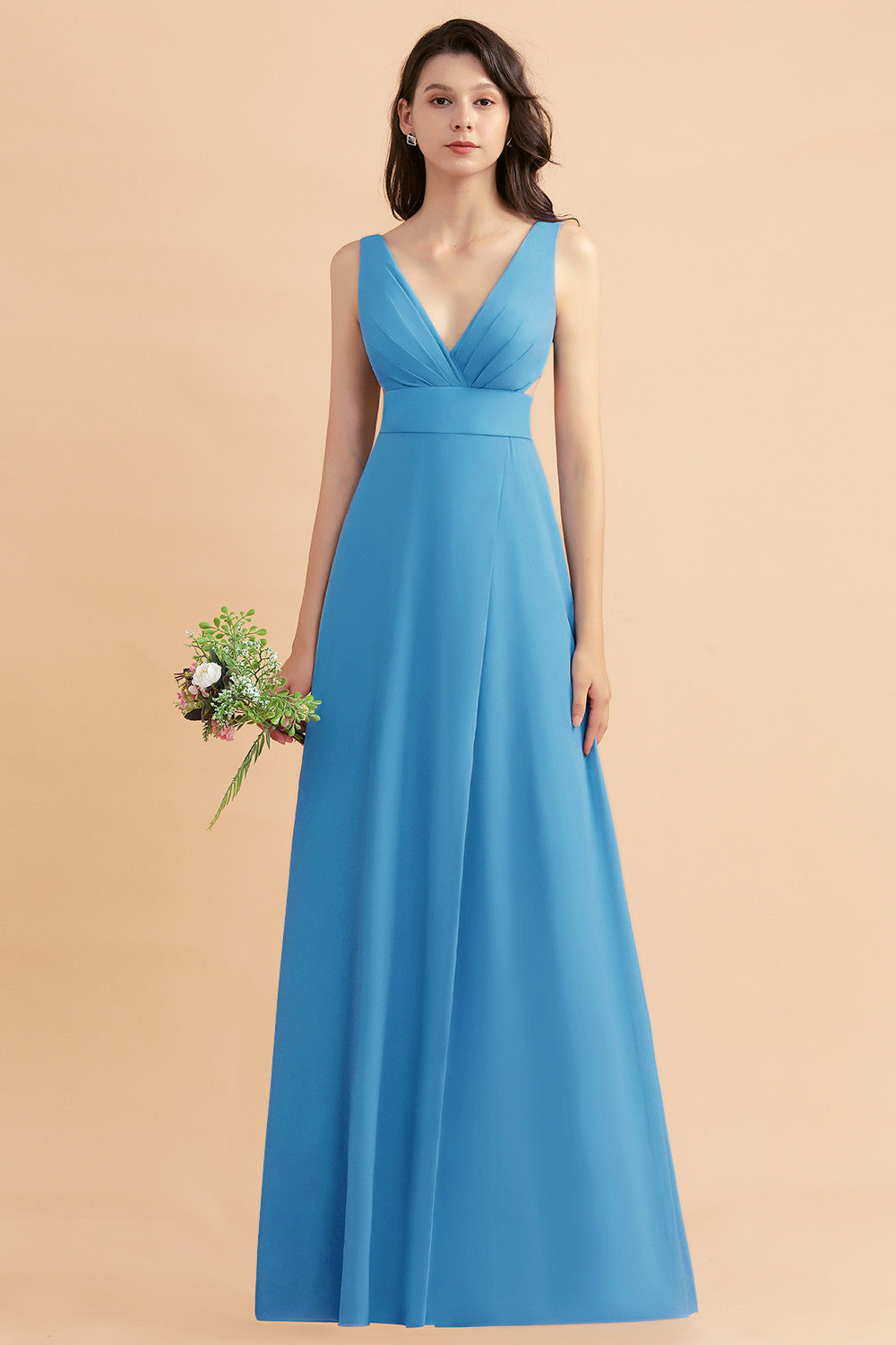 Simple V-neck A-Line Wide Straps Floor Length Chiffon Bridesmaid Dress With Side Slit