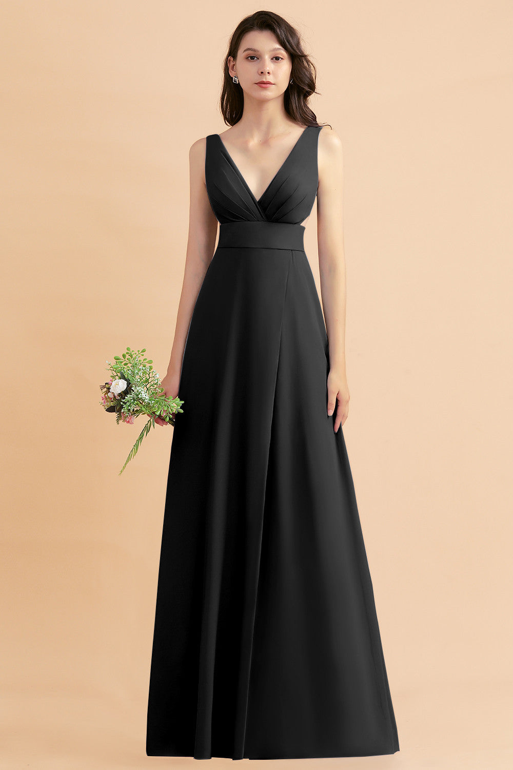 Simple V-neck A-Line Wide Straps Floor Length Chiffon Bridesmaid Dress With Side Slit