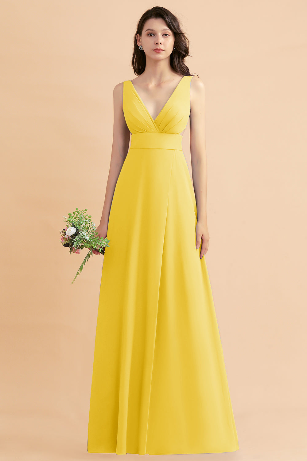 Simple V-neck A-Line Wide Straps Floor Length Chiffon Bridesmaid Dress With Side Slit