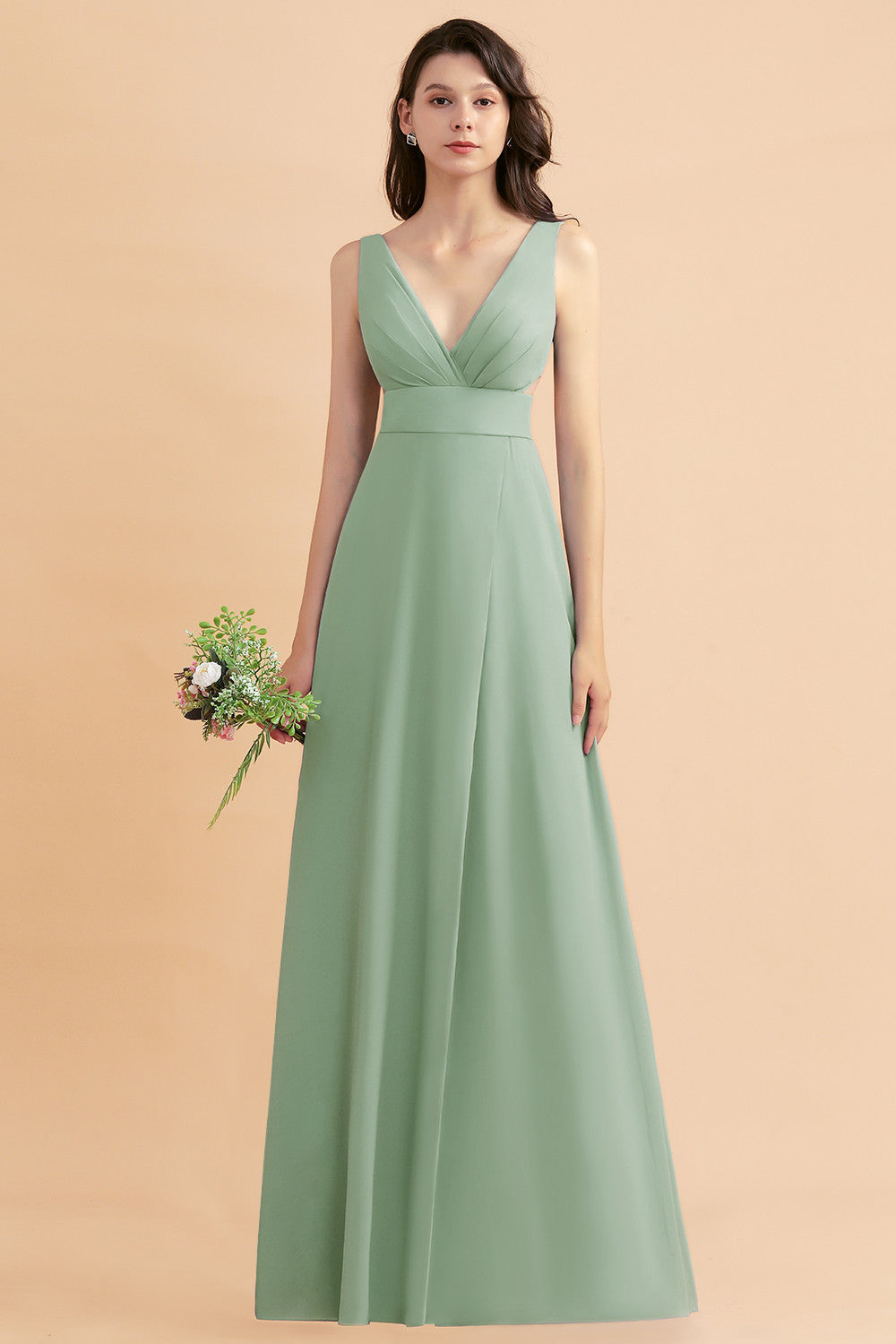 Simple V-neck A-Line Wide Straps Floor Length Chiffon Bridesmaid Dress With Side Slit