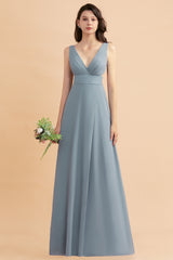 Simple V-neck A-Line Wide Straps Floor Length Chiffon Bridesmaid Dress With Side Slit