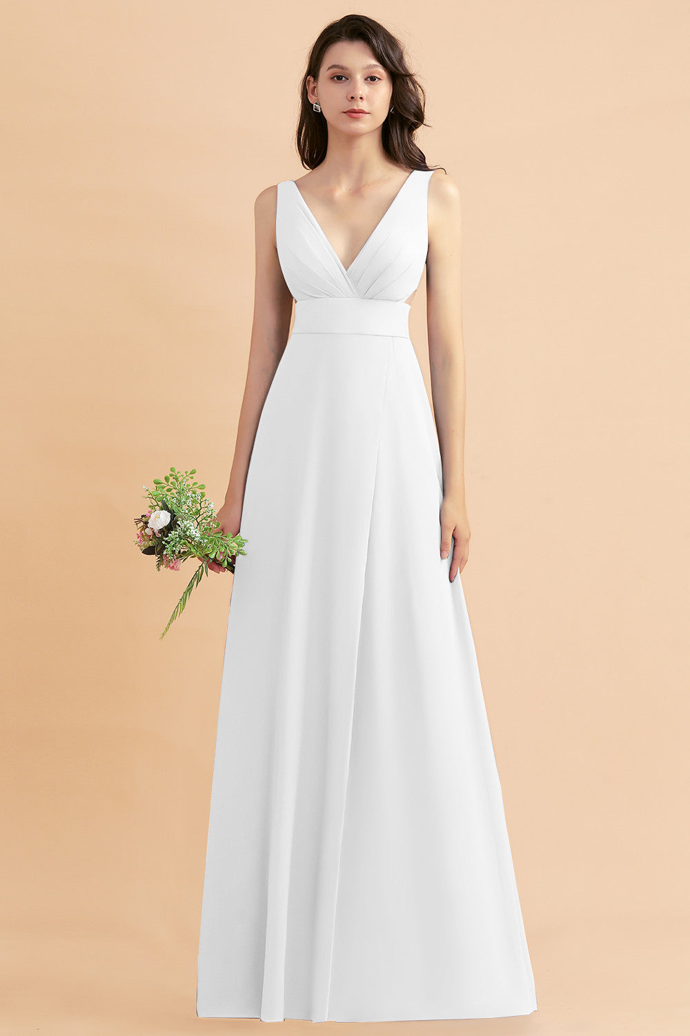 Simple V-neck A-Line Wide Straps Floor Length Chiffon Bridesmaid Dress With Side Slit