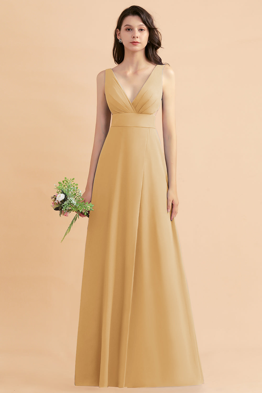Simple V-neck A-Line Wide Straps Floor Length Chiffon Bridesmaid Dress With Side Slit